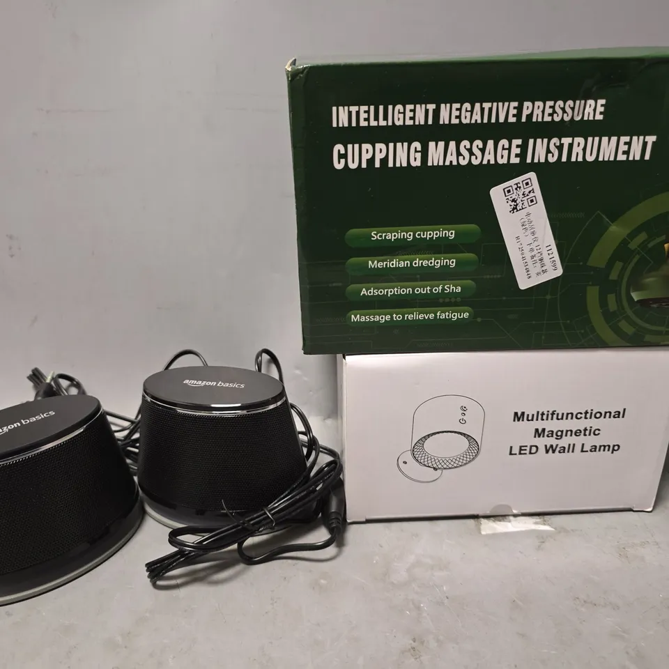 TOTE OF APPROXIMATELY 5 ASSORTED ITEMS TO INCLUDE - CUPPING MASSAGE , AMAZON BASICS SPEAKER , LED WALL LAMP ETC