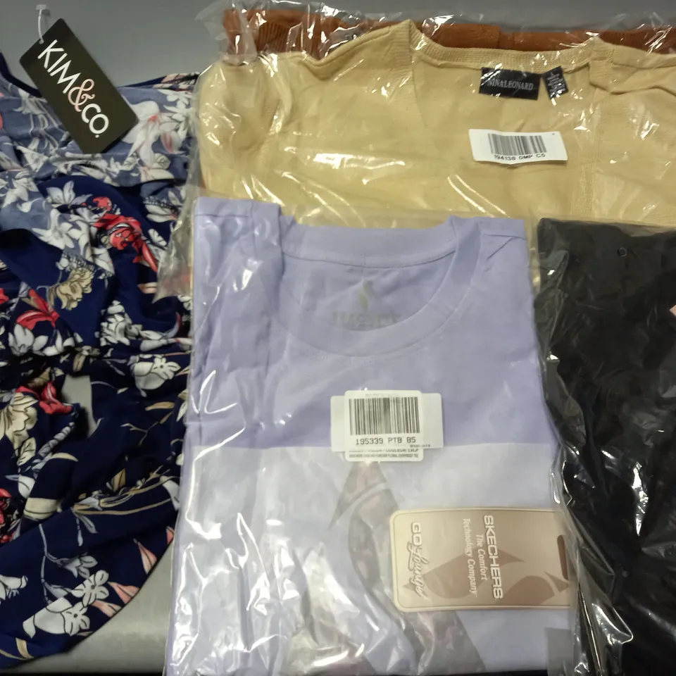 BOX OF APPROXIMATELY 10 ASSORTED CLOTHING ITEMS -DRESS , T-SHIRT , CARDIGAN ETC