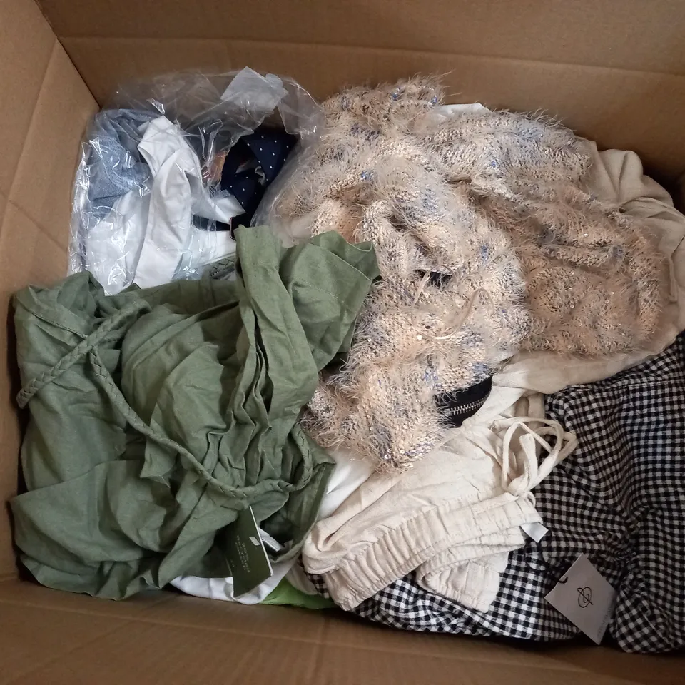  BOX OF ASSORTED CLOTHING ITEMS TOO INCLUDE DRESSES , SHIRTS AND TROUSERS IN VARIOUS SIZES AND COLOURS   