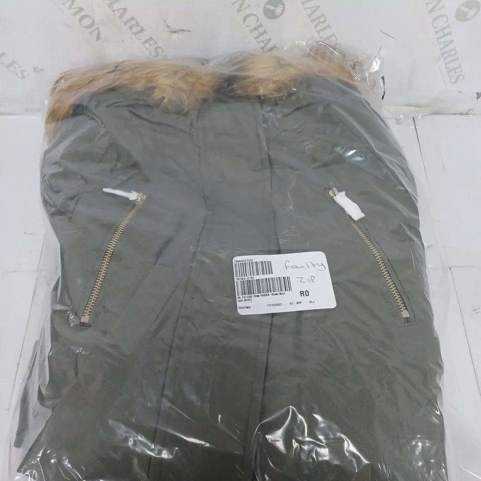 RUTH LANGSFORD FAUX FUR TRIM PARKA COAT IN KHAKI - MEDIUM