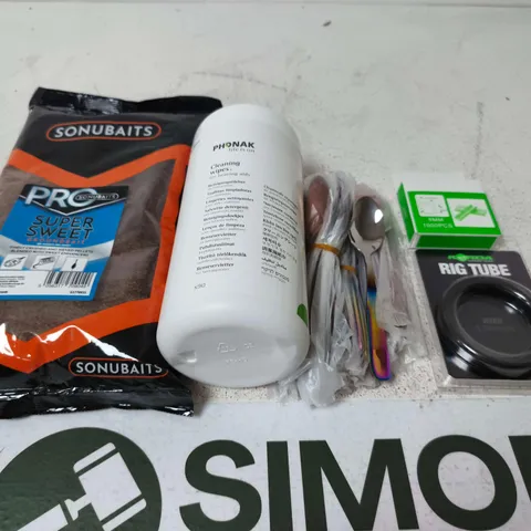 APPROXIMATELY 15 ASSORTED HOUSEHOLD PRODUCTS TO INCLUDE RIG TUBE , GROUNDBAIT AND TEA SPOONS