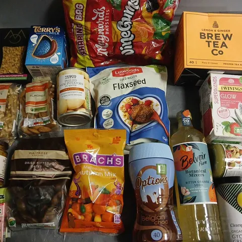 LOT OF APPROXIMATELY 20 ASSORTED FOOD ITEMS TO INCLUDE BREW TEACO BAGS, COLD MILLED FLAXSEED AND WHOLE ALMONDS