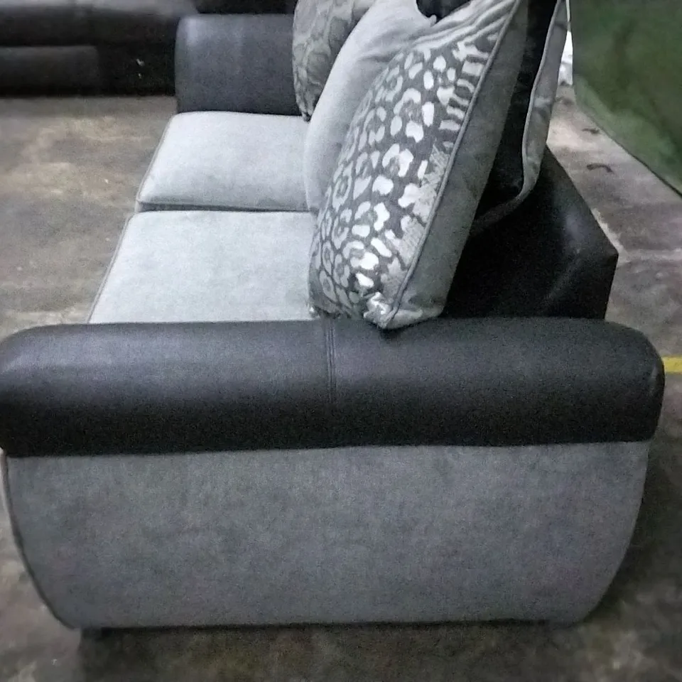 DESIGNER HILTON BLACK SUEDE EFFECT AND GREY FABRIC THREE SEATER WITH SCATTER CUSHIONS