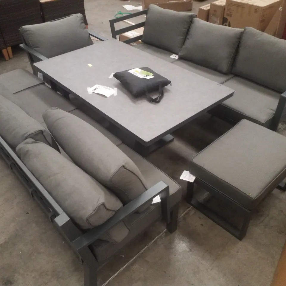 ALUMINIUM 9 SEATER CORNER SOFA RISING TABLE SET WITH ARMCHAIR AND STOOL (7 PARTS)