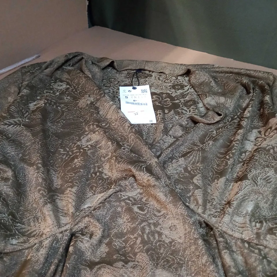 ZARA KHAKI TEXTURED WIDE SLEEVED PLUNGE MINI DRESS - SMALL