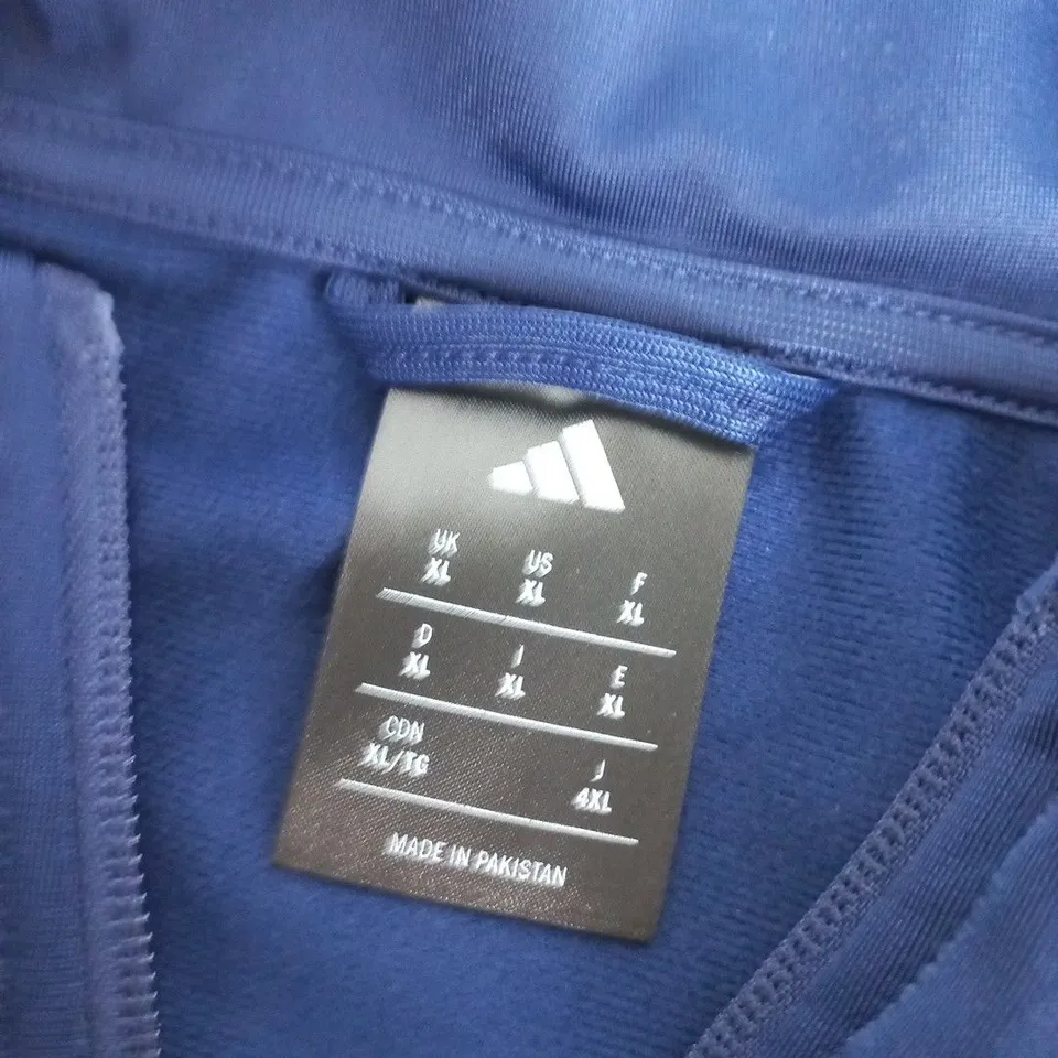 ADIDAS NAVY BLUE TRACK JACKET WITH WHITE STRIPES – ZIP FRONT, UK XL