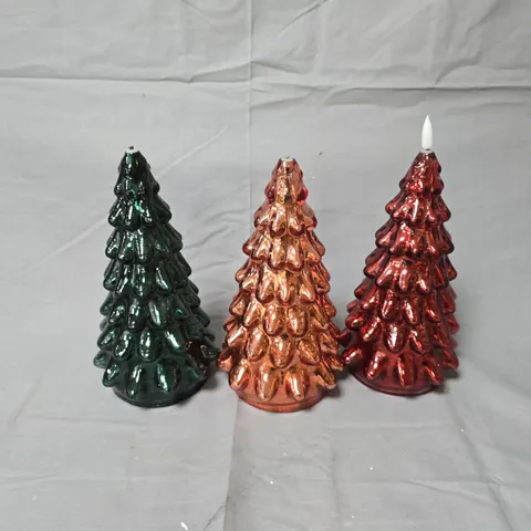 HOME REFLECTIONS MERCURY LED GLASS CANDLES – SET OF 3 TREE-SHAPED (GREEN, COPPER & RED)