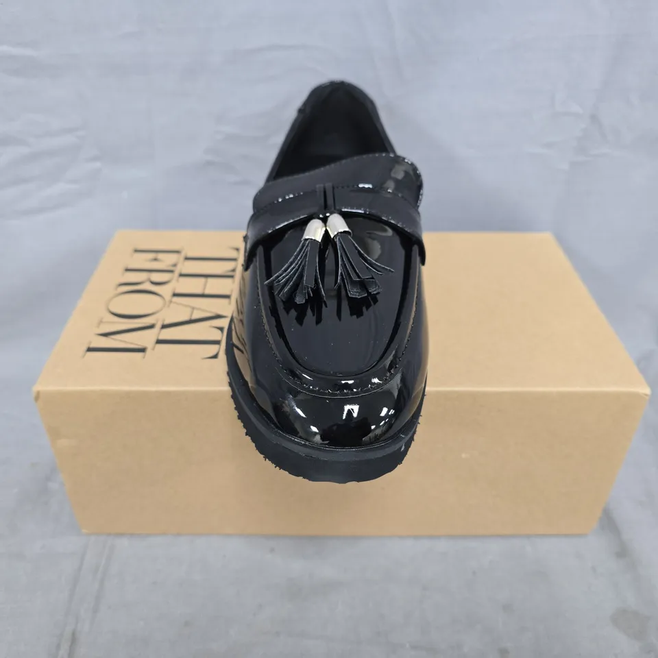 BOXED PAIR OF WHERE'S THAT FROM LOAFERS IN GLOSSY BLACK SIZE UK 5