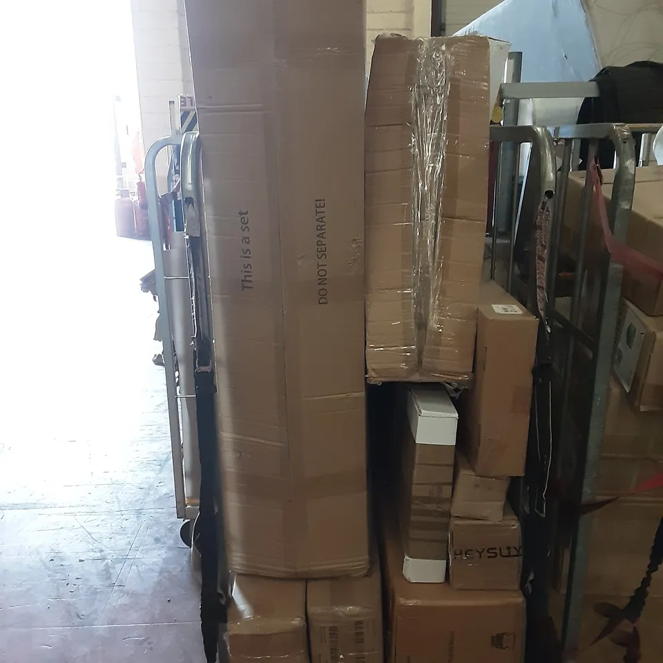 3 CAGES OF ASSORTED PRODUCTS INCLUDING VELDEAU CERAMIC BASIN, ONYPILY BATHROOM SHOWER TAP SYSTEM, BELGRAVIA DINING CHAIR, FRGO FOAM LUMBAR SUPPORT CUSHION, WOLFWISE BEACH TENT   