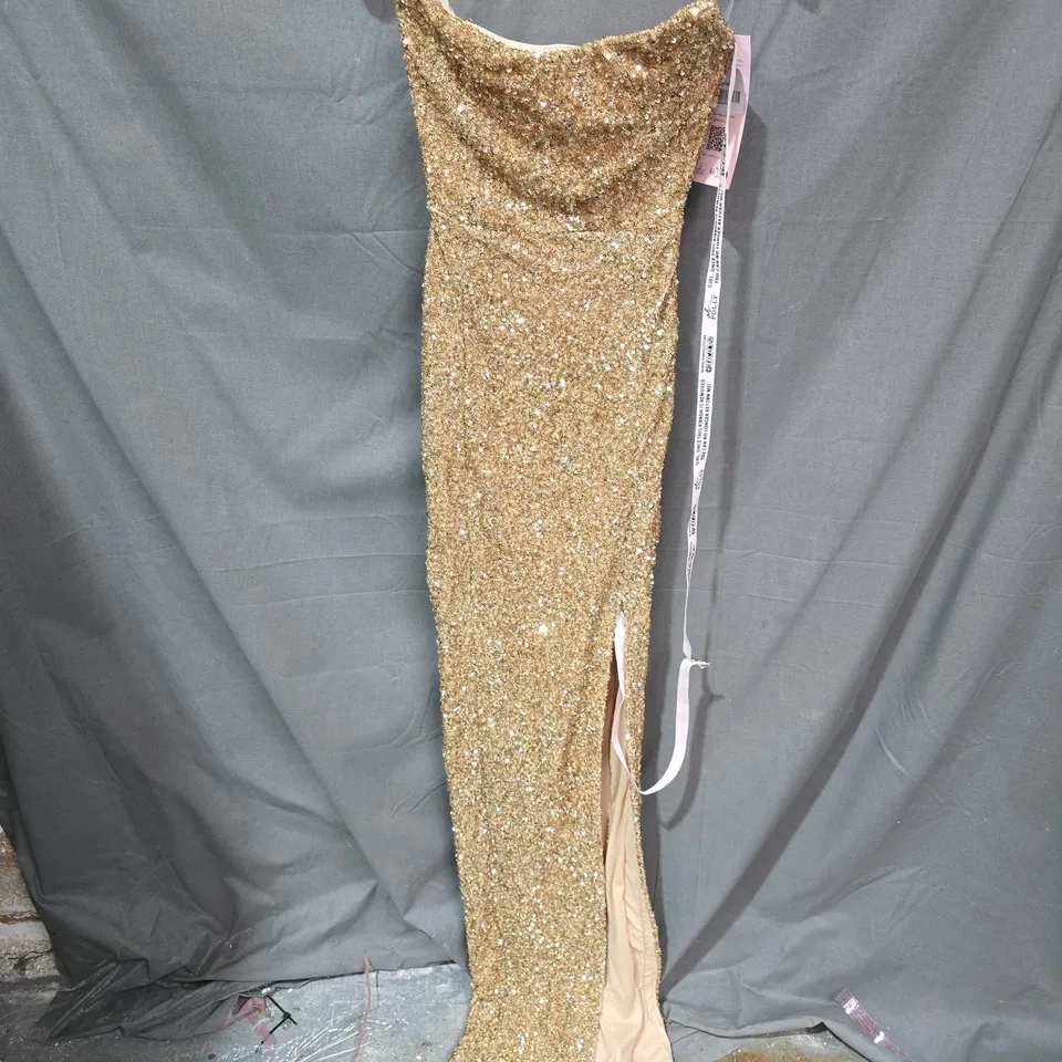 OH POLLY GOLD SEQUIN EVENING DRESS, UK 6 (US 2) – STRAPLESS, FULL-LENGTH WITH SIDE SLIT