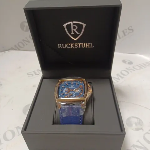 MENβS RUCKSTUHL R300 CHRONOGRAPH WATCH β GOLD COLOUR CASE - BLUE MULTI FUNCTION DIAL β 3ATM WATER RESISTANT β GENUINE LEATHER STRAP