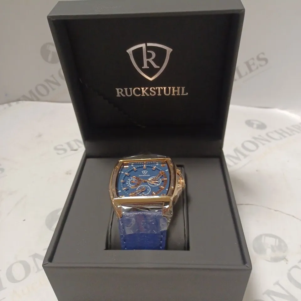MEN’S RUCKSTUHL R300 CHRONOGRAPH WATCH – GOLD COLOUR CASE - BLUE MULTI FUNCTION DIAL – 3ATM WATER RESISTANT – GENUINE LEATHER STRAP