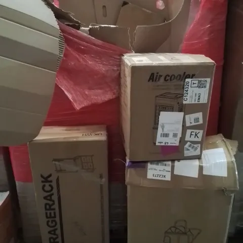 PALLET OF ASSORTED HOUSEHOLD GOODS AND PRODUCTS TO INCLUDE;STORAGE RACK,PRAM,AIR COOLER