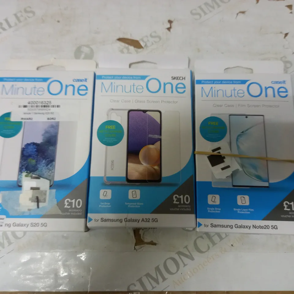 LOT OF 20 ASSORTED MINUTE ONE CLEAR CASE & SCREEN PROTECTOR KITS FOR SAMSUNG GALAXY NOTE20-5G, A32-5G AND S20-5G
