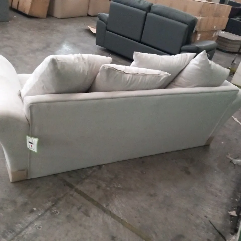 DESIGNER DURY BEIGE FABRIC THREE SEATER SOFA WITH SCATTER CUSHIONS