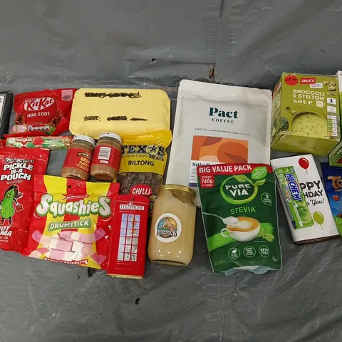 APPROXIMATELY 15 ASSORTED FOOD AND DRINK PRODUCTS TO INCLUDE - KITKAT MINI EGGS, BILTONG, AND PACT COFFEE ETC. 