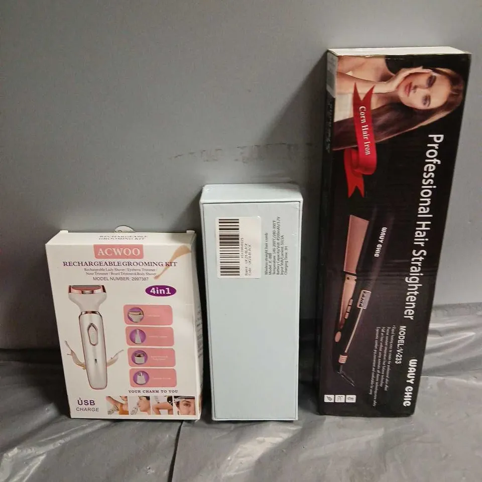 LOT OF 3 ASSORTED BOXED ELECTRICAL PRODUCTS TO INCLUDE - HAIR STRAIGHTENER - RECHARGABLE GROOMING KIT - WIRELESS STRAIGHT HAIR COMB