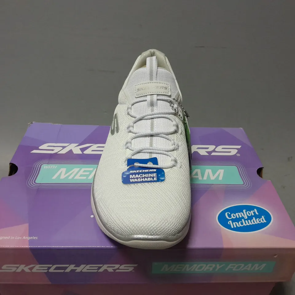 BOXED PAIR OF SKECHERS SUMMITS SLIP ONS IN WHITE - UK 5