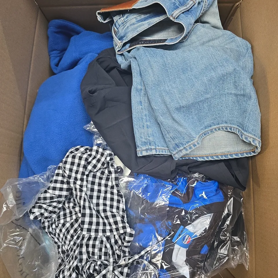 LARGE BOX OF APPROXIMATELY 25 ASSORTED CLOTHING ITEMS IN VARIOUS COLOURS, STYLES AND SIZES - COLLECTION ONLY