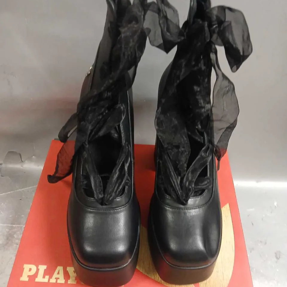 BOXED PLAYBOY X KOI INFIDELITY BLACK LACE UP HEELS SIZE 6