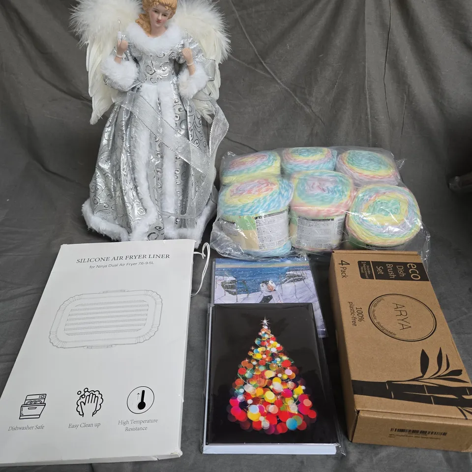 LARGE BOX OF APPROXIMATELY 15 ASSORTED HOUSEHOLD ITEMS TO INCLUDE - ANGEL TREE TOPPER - YARN - SILICONE AIR FRYER LINER - ETC