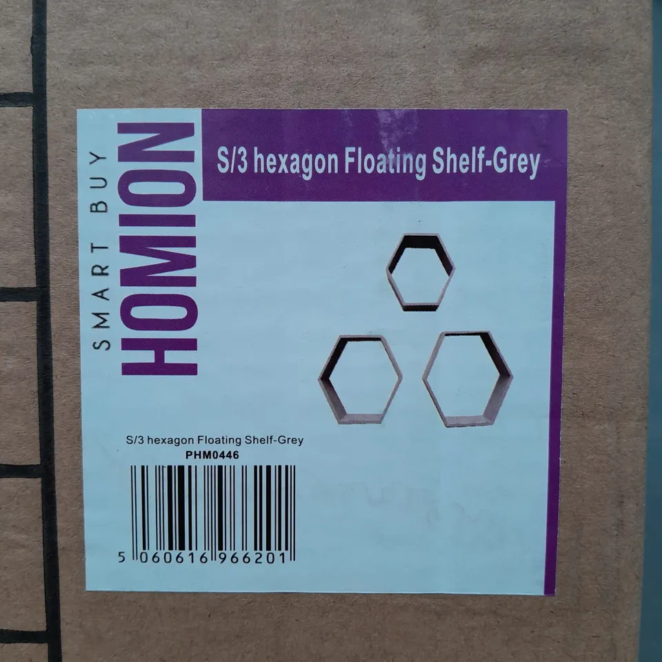 BOXED HOMION S/3 HEXAGON FLOATING SHELF IN GREY