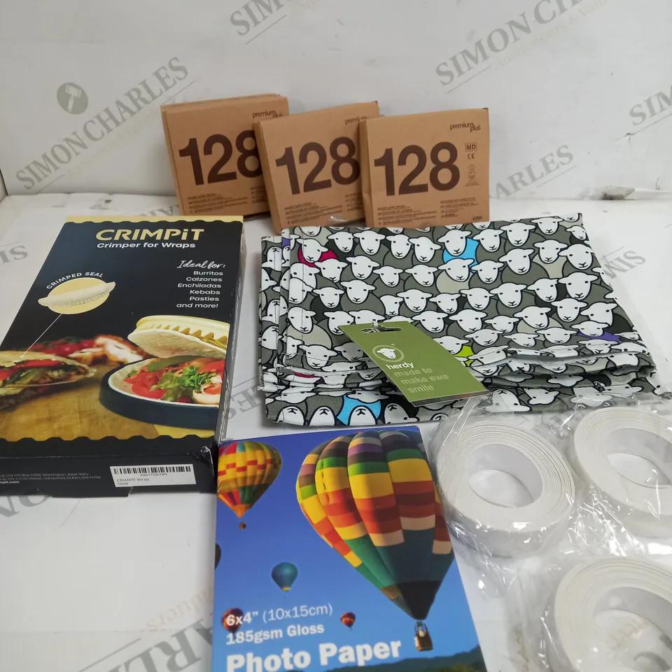BOX OF APPROXIMATELY 10 ASSORTED ITEMS TO INCLUDE - SHEEP TEA TOWEL, CRIMPIT, PHOTO PAPER ETC