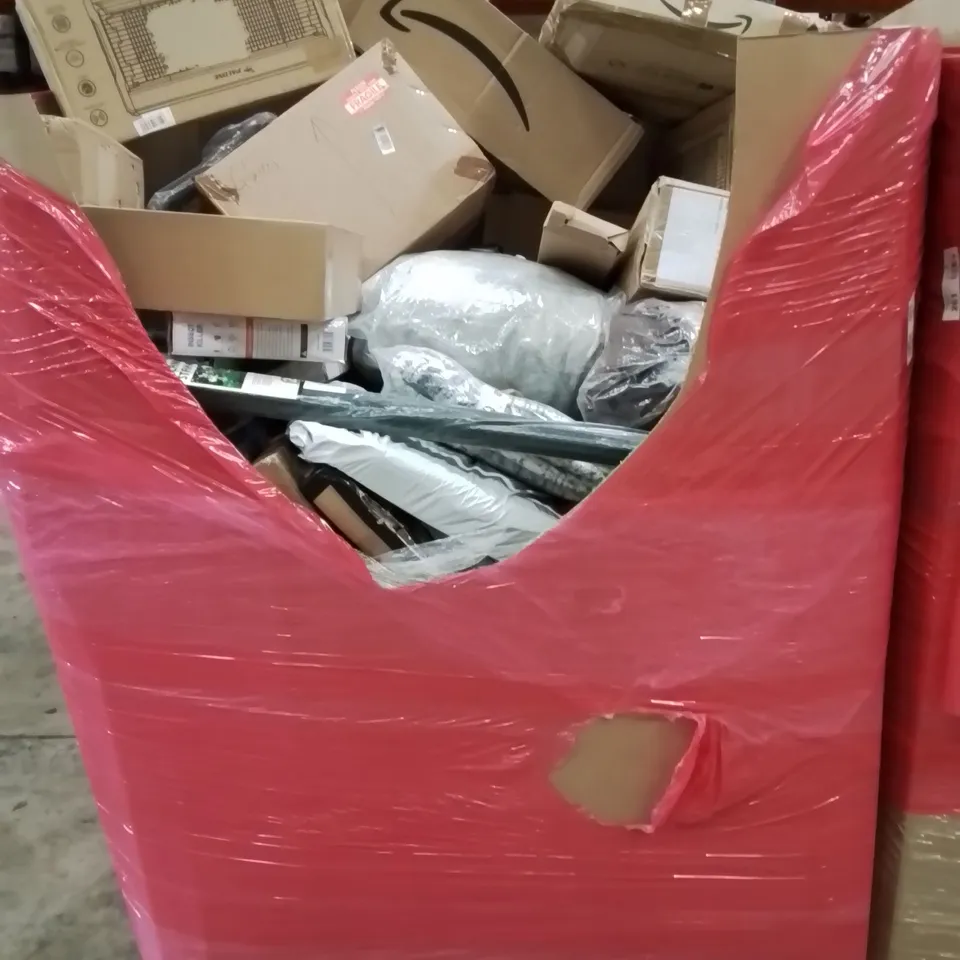 PALLET CONTAINING VARIOUS ASSORTED HOUSEHOLD ITEMS TO INCLUDE: AREA RUGS, CAT TREE, BUG ZAPPERS, STEEL PLANT STAKES AND LOTS MORE UNMARKED BOXED ITEMS 