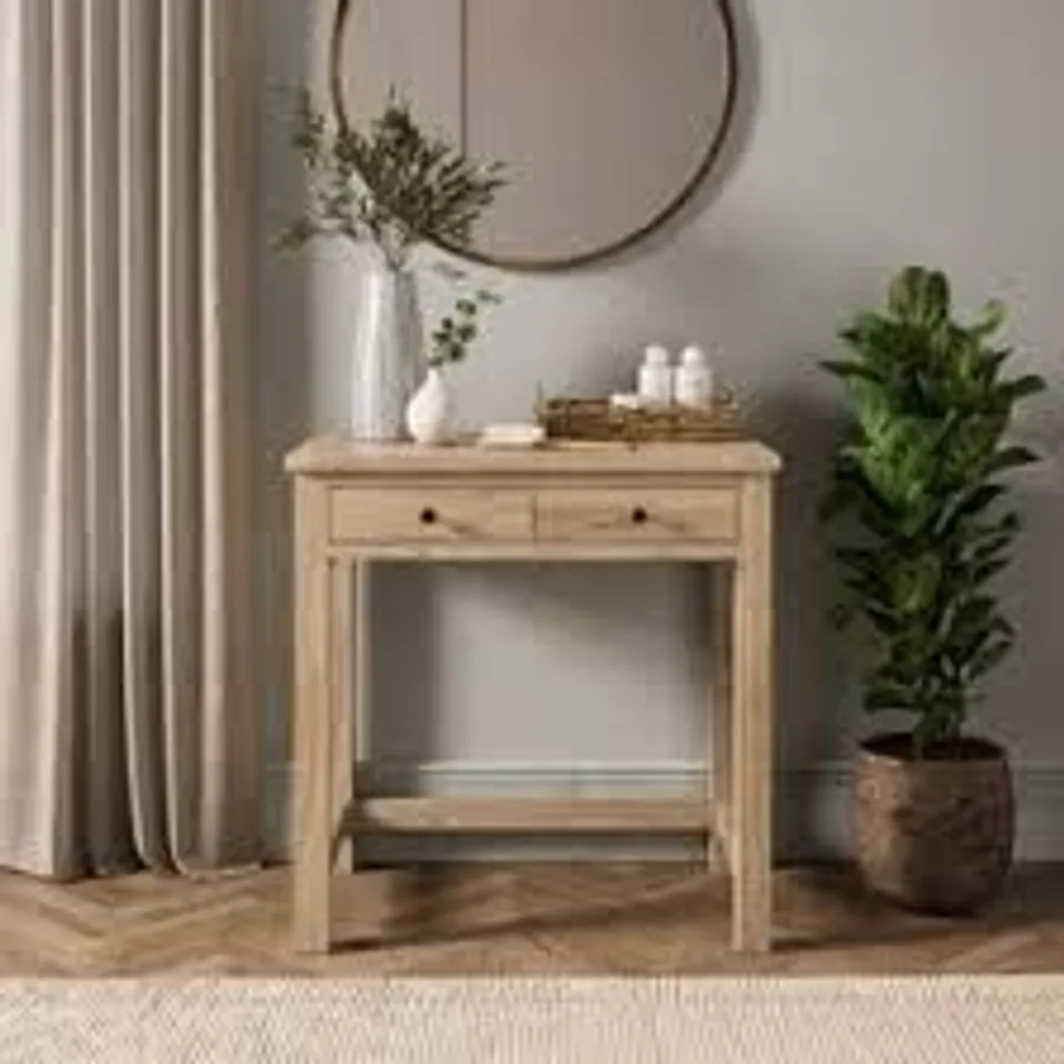 BOXED OLNEY 2 DRAWER COMPACT DRESSING TABLE - OAK/LIGHT WOOD (1 BOX)