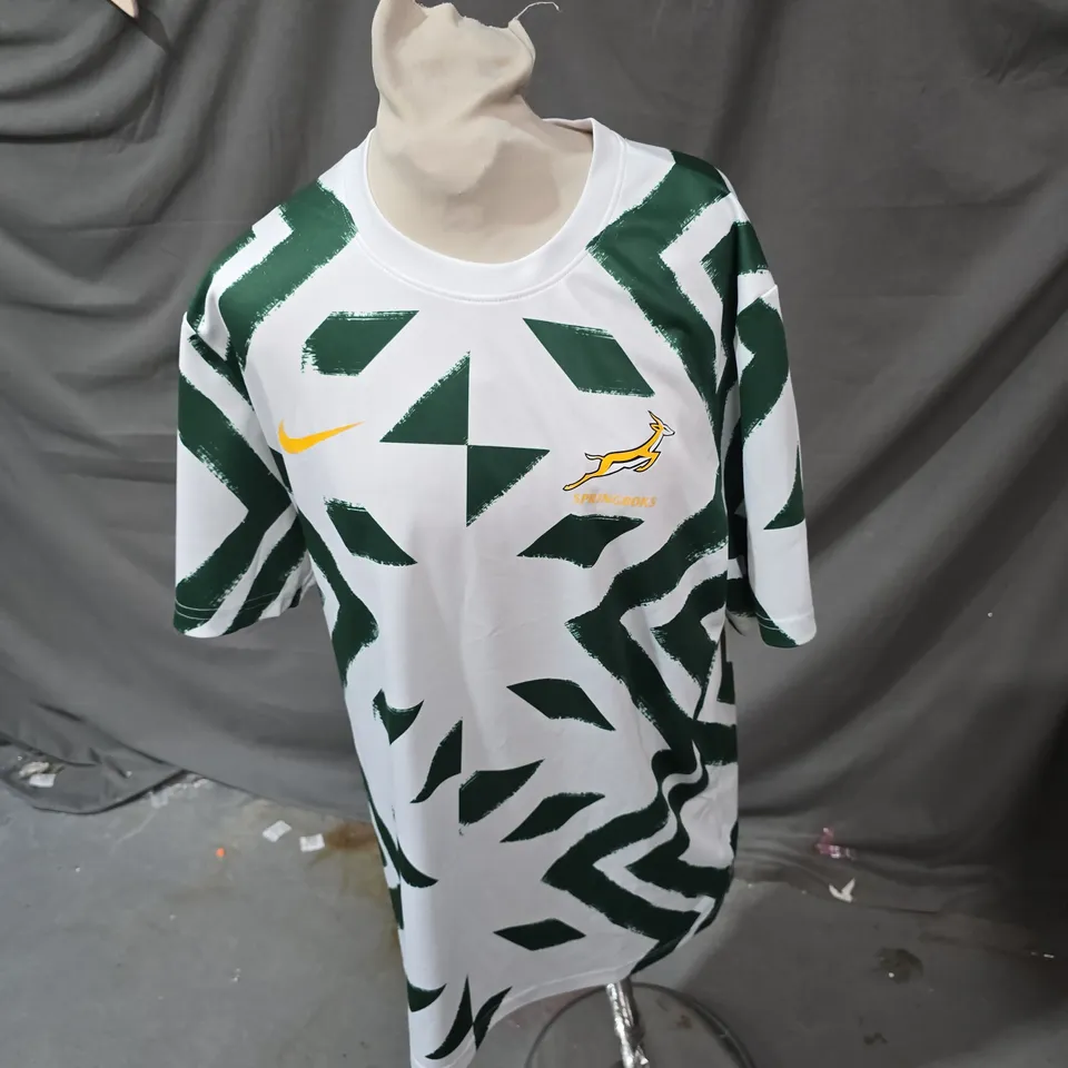 NIKE SOUTH AFRICA FOOTBALL JERSEY – WHITE WITH GREEN GEOMETRIC PATTERN, SIZE L