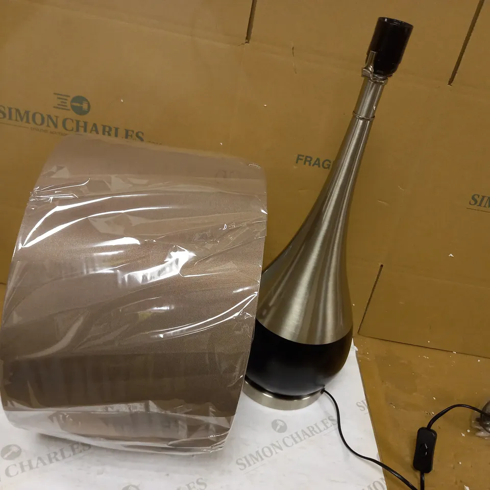 PAGAZZI JERSEY TABLE LAMP - SATIN CHROME AND BROWN FINISH, TAUPE FABRIC CHADE