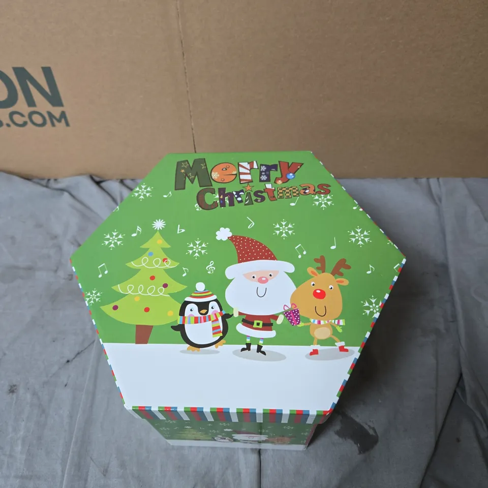 HEXAGONAL CHRISTMAS BAUBLE BOX – FOIL-WRAPPED ORNAMENTS, MERRY CHRISTMAS DESIGN