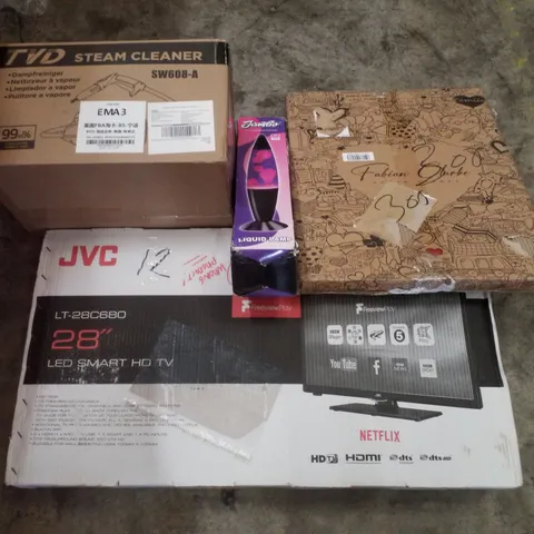 PALLET CONTAINING ASSORTED PRODUCTS INCLUDING STEAM CLEANER, 28" LED SMART HD TV, LAVA LAMP & PHOTO FRAMES