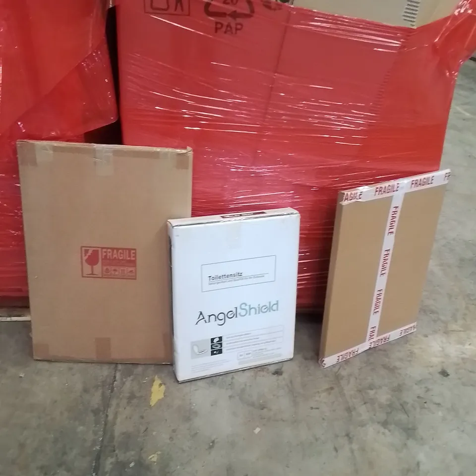 PALLET OF ASSORTED HOUSEHOLD GOODS AND PRODUCTS TO INCLUDE;TOILET SEAT,MIRROR,PICTURE FRAME 