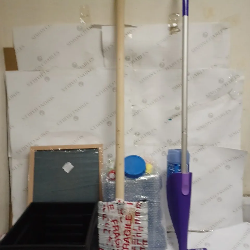 BOX TO CONTAIN APPROX 8 ASSORTED HOUSEHOLD PRODUCTS, INCLUDES SHOVEL, FLASH MOP, PLANTERS ETC - COLLECTION ONLY