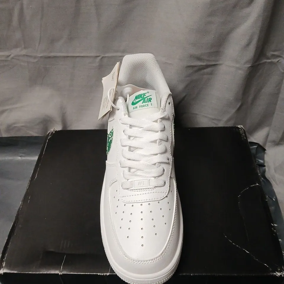 NIKE AIR FORCE 1 LOW WHITE SNEAKERS WITH GREEN PAISLEY SWOOSH – BOXED. UK SIZE 7.5