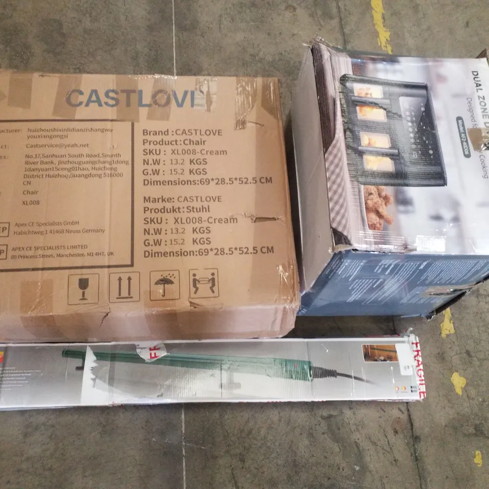 PALLET CONTAINING ASSORTED PRODUCTS INCLUDING ECO HEATER, DUAL ZONE AIR FRYER, CHAIR, 3 TIER CLOTHES AIRER & DRYER