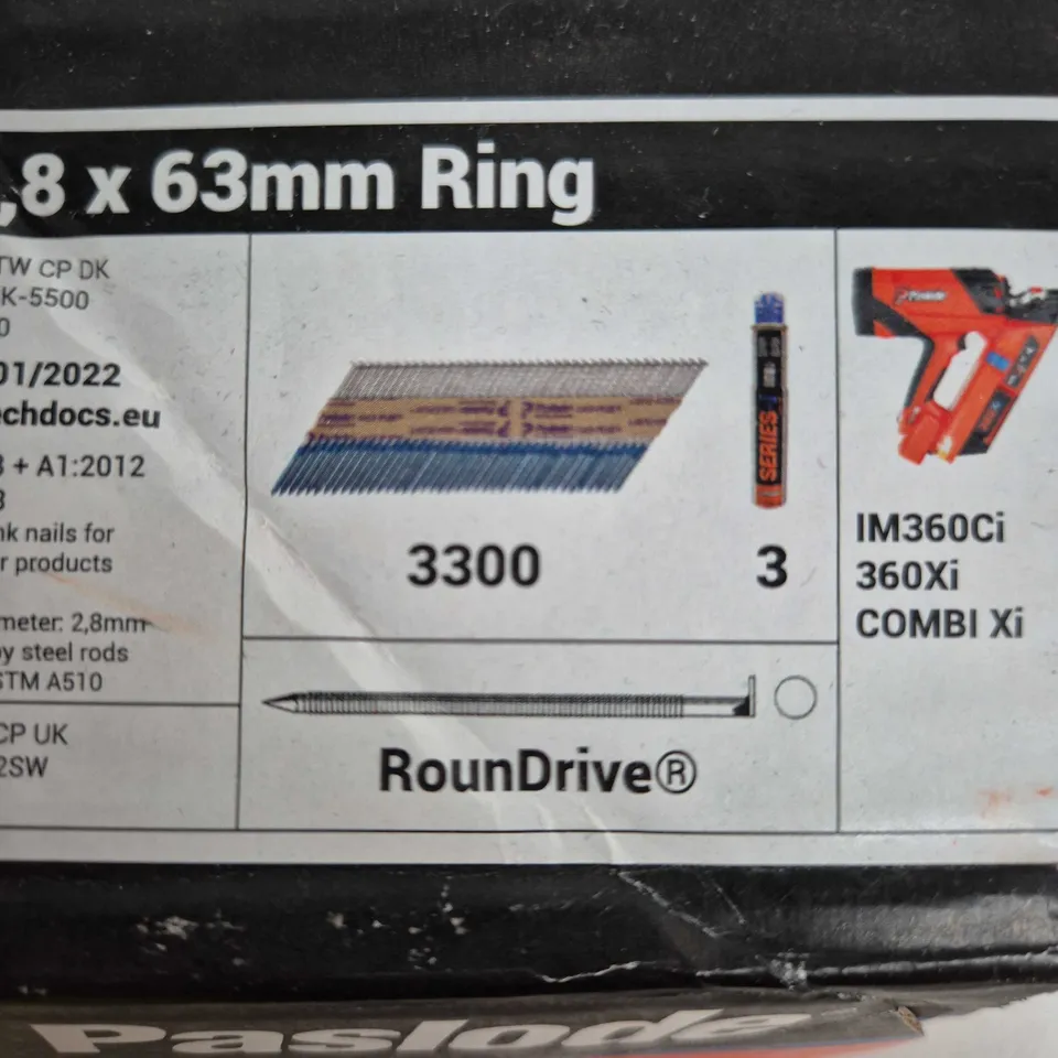 PASLODE 2.8 X 63MM RING-SHANK NAILS (ROUNDDRIVE) – BOXED, DAMAGED OUTER CARTON