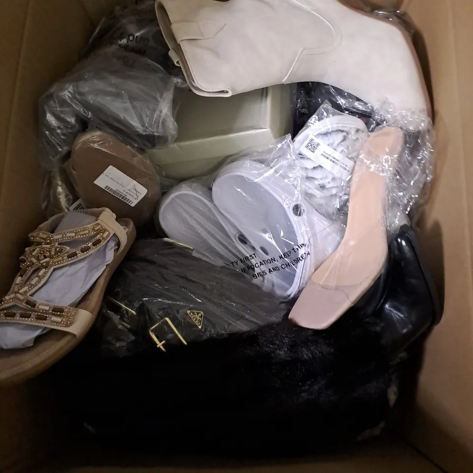 BOX OF APPROXIMATELY 15 PAIRS OF ASSORTED SHOES IN VARIOUS COLOUR, STYLES AND SIZES