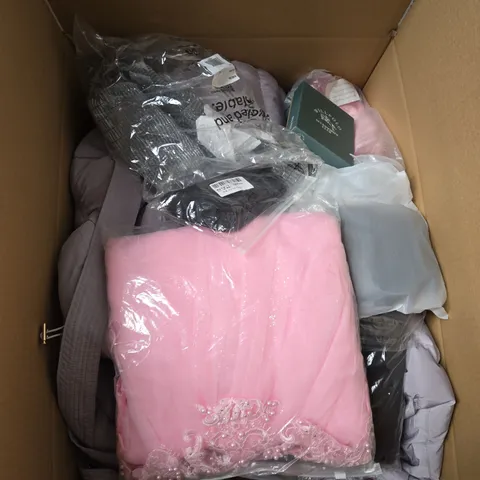 LARGE BOX OF ASSORTED CLOTHING ITEMS IN VARIOUS SIZES, STYLES AND COLOUR 