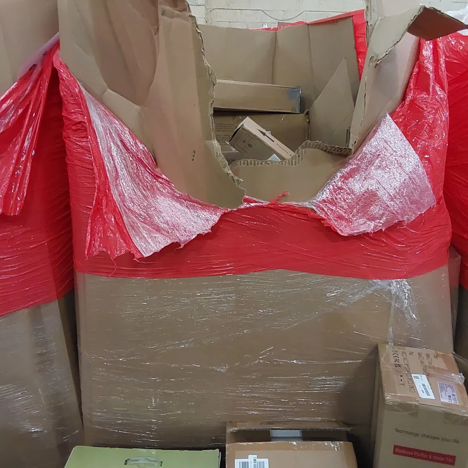 PALLET OF ASSORTED ITEMS INCLUDING: PURIFIER & HEATER FAN, ELECTRIC BLANKET, HAIR AND FACIAL STEAMER, SOUNDBAR, CURTAIN RAIL