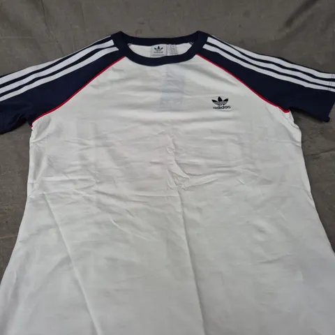 ADIDAS WHITE T-SHIRT WITH NAVY SLEEVES AND 3-STRIPES – SIZE LARGE ' 16/18