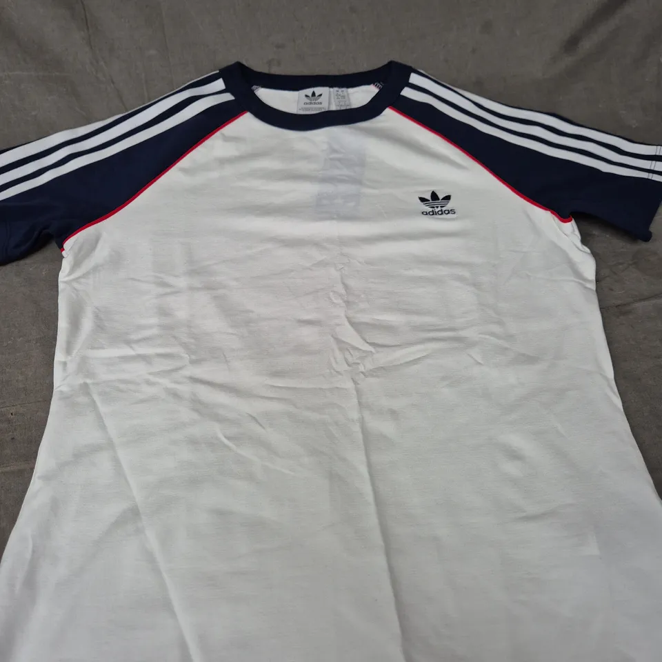 ADIDAS WHITE T-SHIRT WITH NAVY SLEEVES AND 3-STRIPES – SIZE LARGE ' 16/18