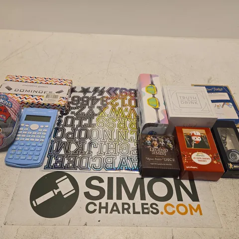 LARGE QUANTITY OF TOYS AND ACCESSORIES TO INCLUDE; DELI SCIENTIFIC CALCULATOR, COTTON TRUST PEG DOLL, MICHELIN SPIRIT OF THE RACE KEYRING, TRUTH OR DRINK AND DOMINOES