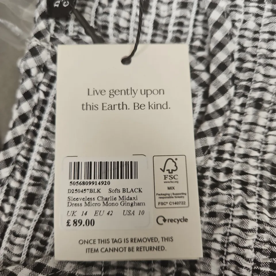 NOBODY'S CHILD SLEEVELESS CHARLIE MIDAXI DRESS - MICRO MONO GINGHAM, UK 14