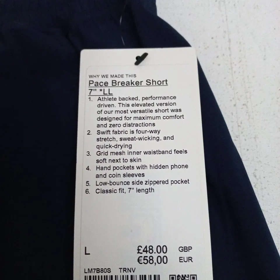 LULULEMON PACE BREAKER SHORT – NAVY, LARGE (7")