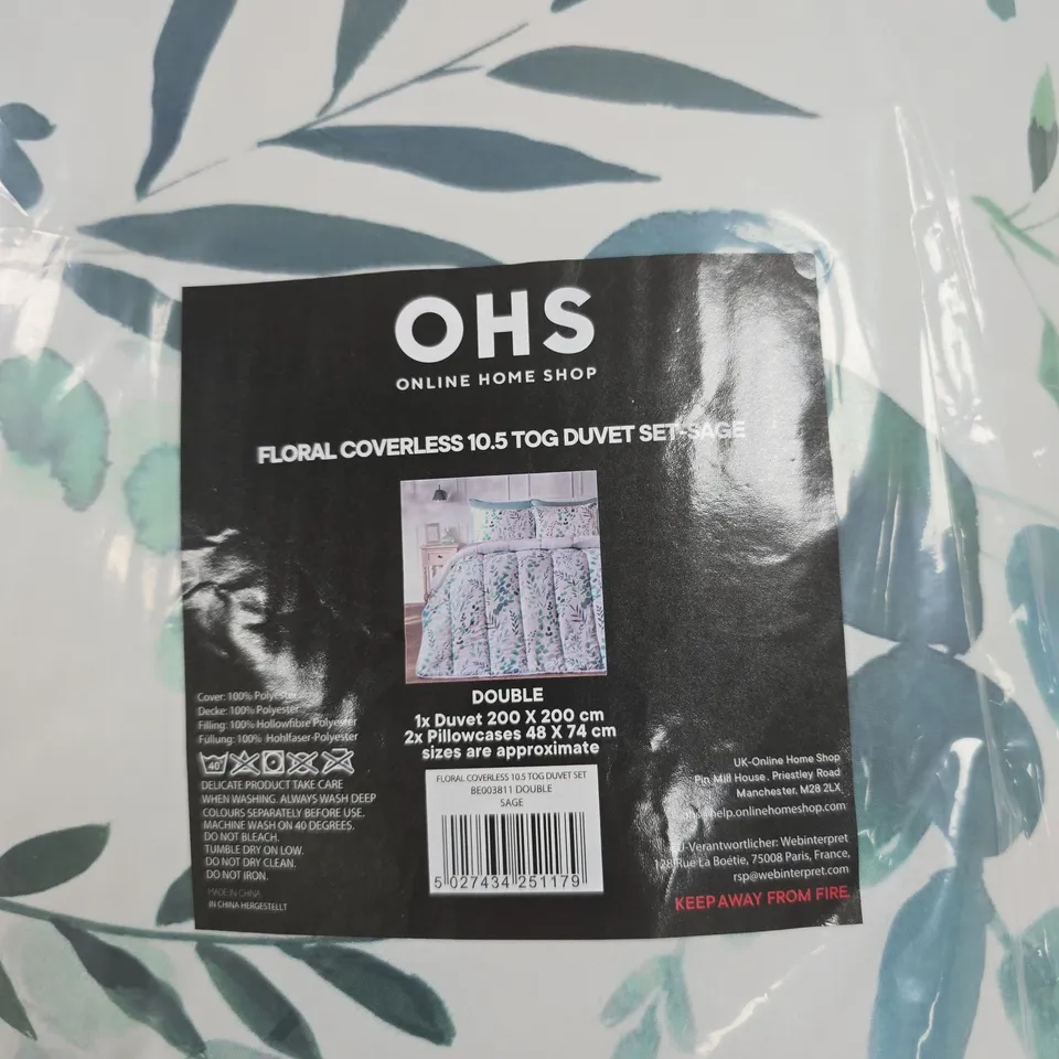 OHS ONLINE HOME SHOP FLORAL DUVET SET SAGE – DOUBLE (2X PILLOWCASES)
