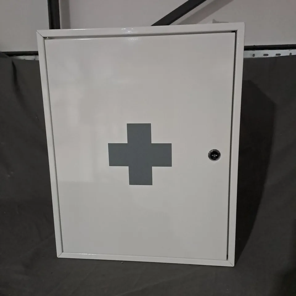BOXED FIRST AID WALL CABINET IN CHALK STEEL 