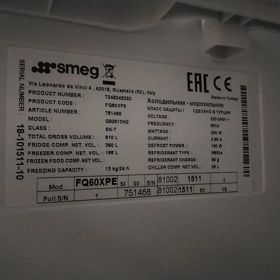 SMEG FQ60XPE UPRIGHT FRIDGE FREEZER 