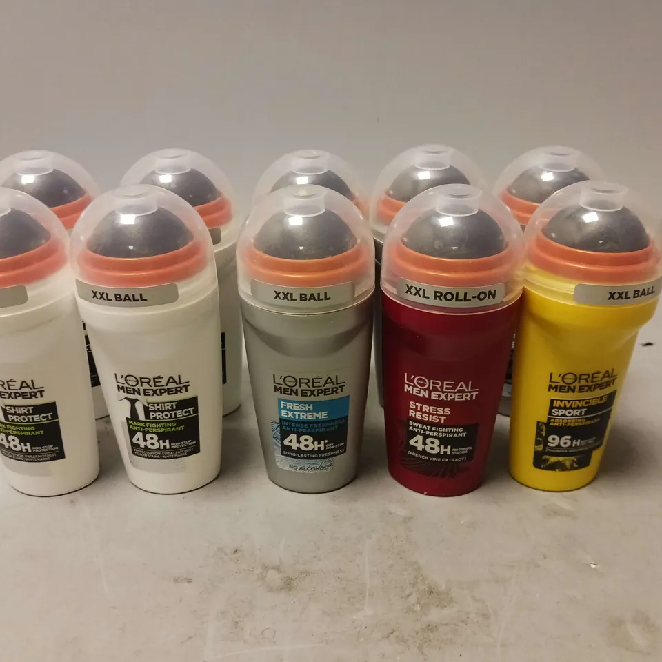 APPROX 10 ASSORTED L'OREAL MEN EXPERT ROLL ON ANTIPERSPIRANT IN SHIRT PROTECT (50ML), FRESH EXTREME (50ML) STRESS RESIST (50ML) AND INVINCIBLE SPORT (50ML)